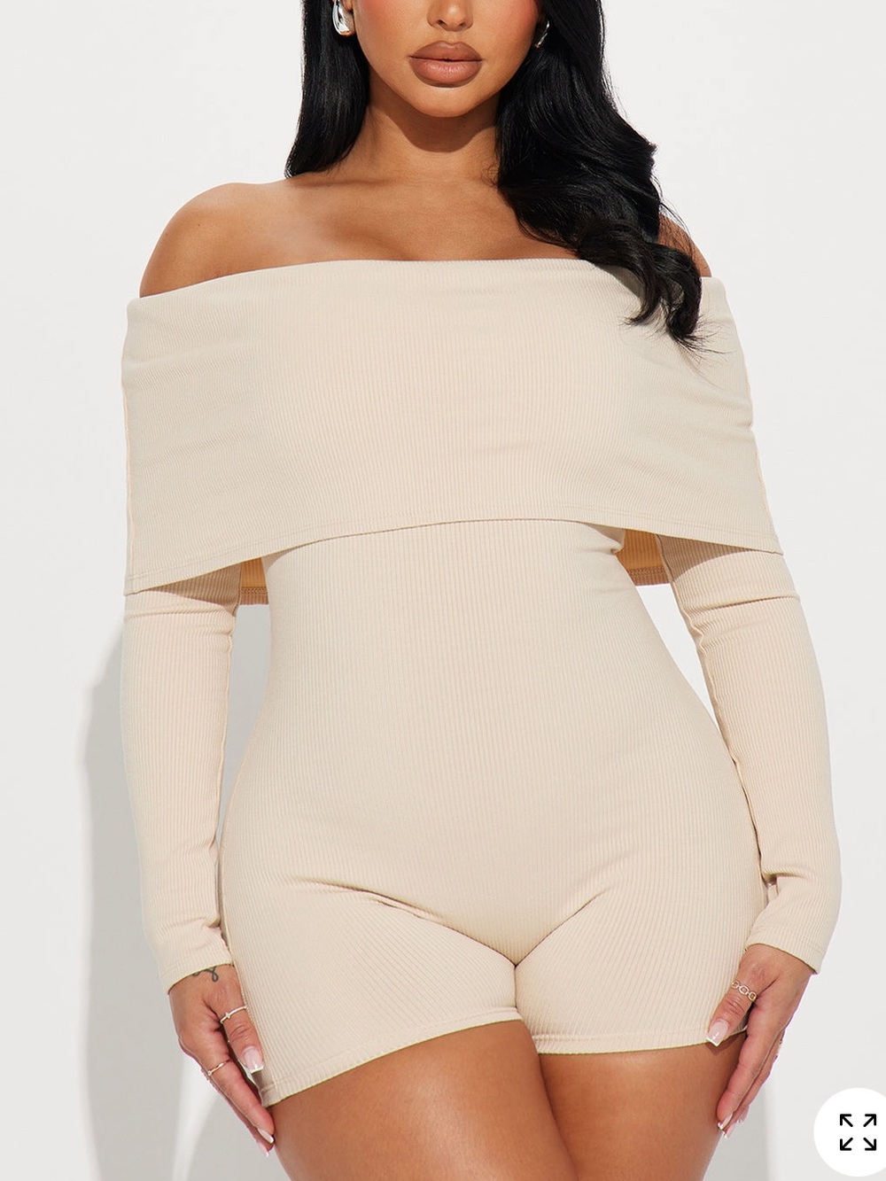 NWOT Fashion Nova Beige Snatched Off-Shoulder Long Sleeve Romper
